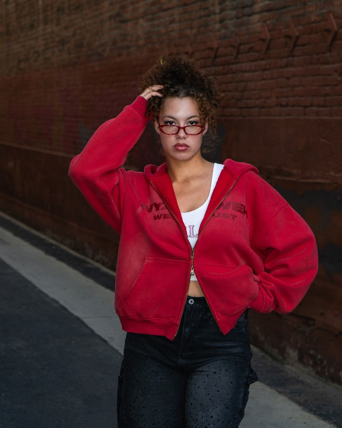 Red Sun-Faded Zip Hoodie